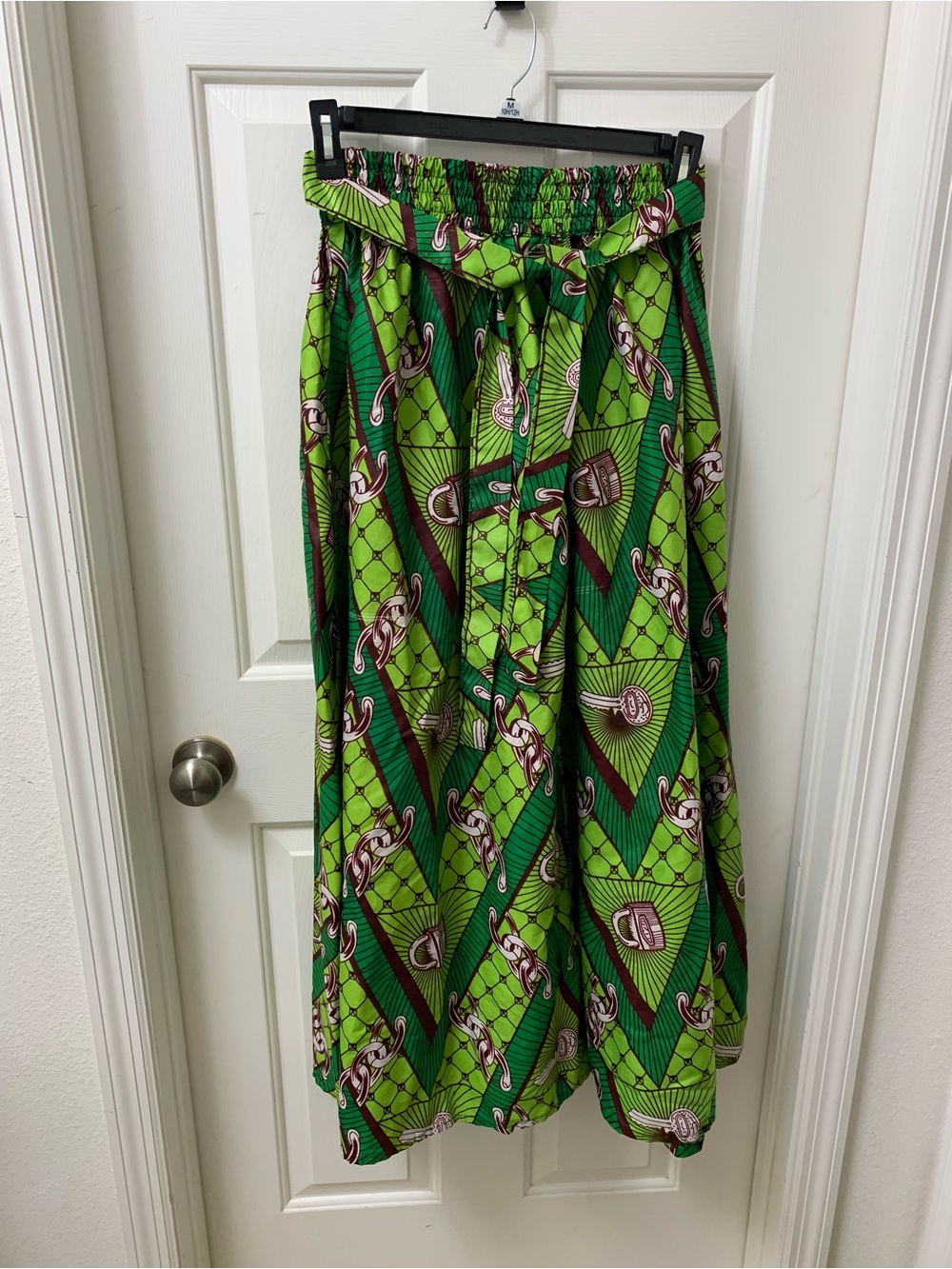 Green Patterned A-Line Maxi Skirt with Waist Tie